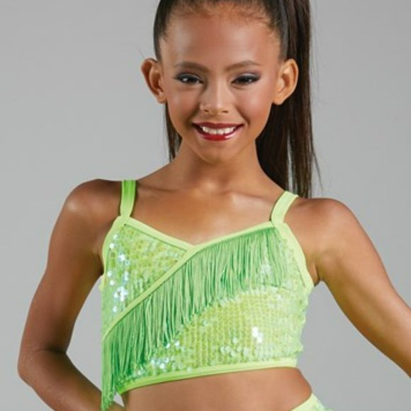 Lime Green ASYMMETRICAL SEQUIN DANCE SKIRT WITH FRINGE - Picture 6 of 6
